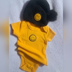 Smiley Face Yellow Onesie and Black Hat Set